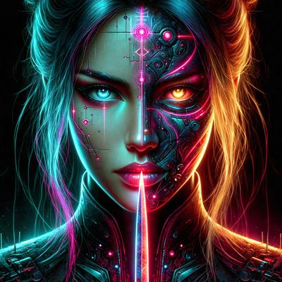 The primary subject of the image is a woman with a mix of human and robotic features. She has a pink and blue color scheme, which gives her a unique and futuristic appearance. The setting is a dark background, which contrasts with the vibrant colors of the woman. The visual style is a digital art or illustration, showcasing the blending of human and robotic elements. The overall atmosphere is one of intrigue and fascination, as the viewer is drawn to the woman's striking appearance.